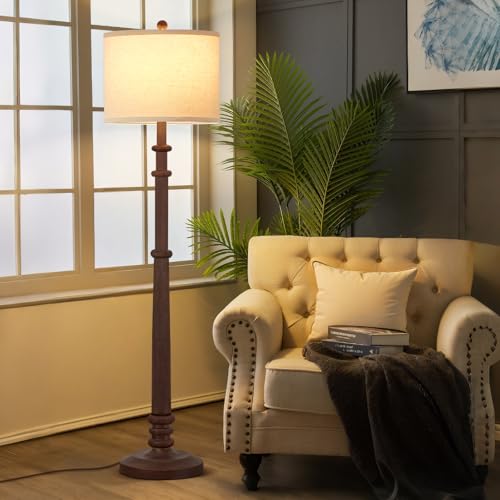 Image of EJIAXIN Floor Lamps for Living Room - 60 inch Farmhouse Floor Lamp with Adjustable Color Temperatures - Vintage Standing Lamp Reading Light with Linen Shade Tall Lamp for Bedroom Office, Reddish Brown