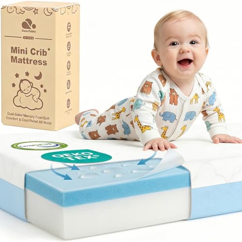 Image of DeerFable Dual Sided Pack and Play Mattress, 3 Inch Thick Soft & Firm Memory Foam Breathable Portable Pack n Play Mattresses, 4 in1 Baby Playpen Mattresses with Removable Washable Cover - 38x26x3 Inch