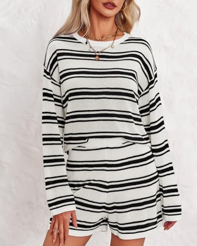 Langwyqu Womens Striped Pajama Sets Long Sleeve Crewneck Sweater Top and Shorts 2 Piece Outfits Lounge Sets2