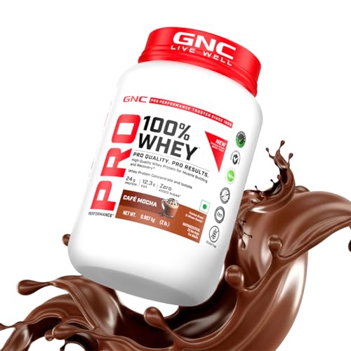 Image of GNC Pro Performance 100% Whey Protein | New Formulation | 24g Protein, 5.7g BCAAs, 12.3g EAAs | Added DigeZyme | Whey Isolate & Concentrate Blend, Low Carb (4.51g), No Added Sugar | Cafe mocha, 907g