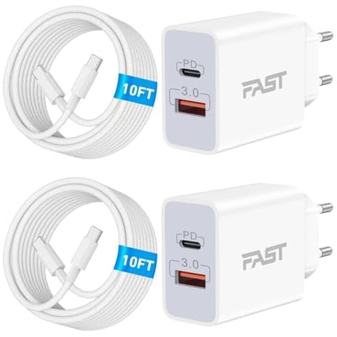 Power-7 US to Europe Plug Adapter, 20W 2-Port PD+QC Fast USB C Wall Charger Block European Travel Plug Power Adapter with 10FT Long USB C to C Cable for iPhone 16 15 Pro Max Plus iPad Samsung Tablet Cover