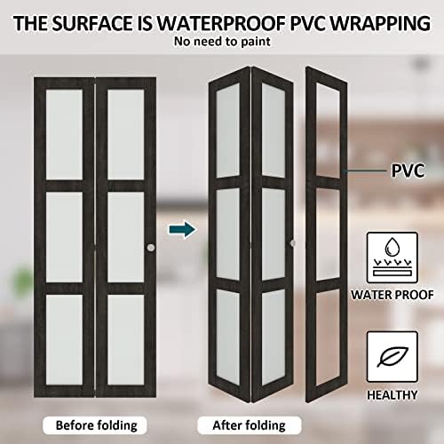 BARNER HOME Bi-Fold Doors, for 60"x 80" (Double 30" x 80" Doors) Opening, 3-lite Tempered Frosted Glass Panel, MDF, Ancient Wood Color