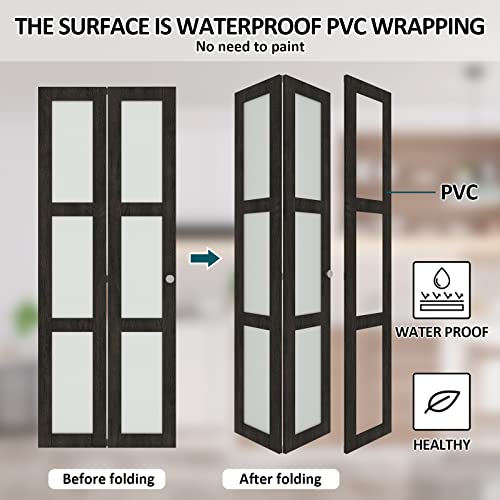 BARNER HOME Bi-Fold Doors, for 60"x 80" (Double 30" x 80" Doors) Opening, 3-lite Tempered Frosted Glass Panel, MDF, Ancient Wood Color