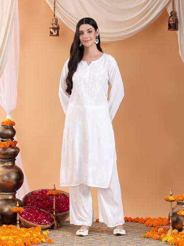Image of POSHAK CHIKAN STUDIO Women's Hand Embroidered Lucknowi Chikankari Rayon Co-ord Set