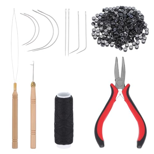 Tucnoeu Microring Extensions Echthaar Set, 200PCS Nanoringe mit Silikon, Microring Extensions Zubehör, Haarverlängerung Werkzeug Kit mit Zange, Ziehnadel, Schlaufeneinfädler, Schwarz