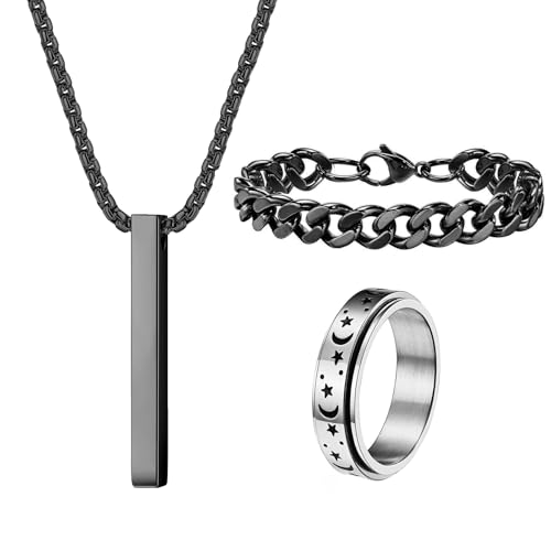 ZENGSING Herren Halsketten Edelstahl Quader Kette 3 Pcs Bar Anhänger Halskette Set Silber/Schwarz Bar Anhänger Halskette mit Armband und Ring Halskette Quader für Männer Frauen (Schwarz) ZENGSING Herren Halsketten Edelstahl Quader Kette 3 Pcs Bar Anhänger Halskette Set Silber/Schwarz Bar Anhänger Halskette mit Armband und Ring Halskette Quader für Männer Frauen (Schwarz)