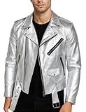 UGFashions Men's Silver Shiny Brando Motorcycle Belted Biker Synthetic Leather Coat, Silver Synthetic Leather, Large