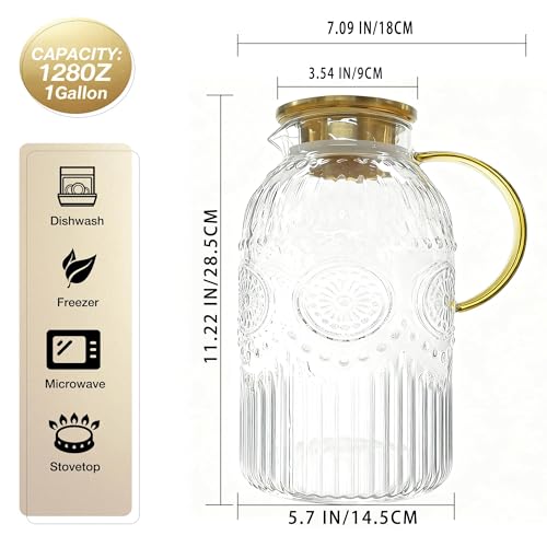 Image of Amzcku Glass Pitcher with Lid, 1 Gallon /128 oz Vintage Water Pitcher,Water Carafe for Cold Brew, Coffee, Lemonade, Iced Tea,Beverage, Heat Resistant Water Glass Jug 1Pack