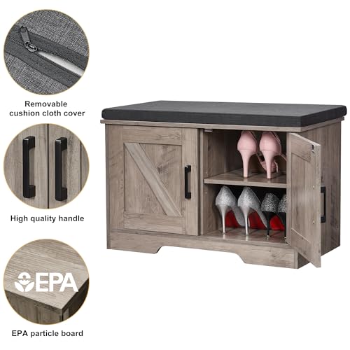 2tierstoragebenchshoebenchwithpaddedseatcushionentrywaybenchwith2barndoorsadjustableshelf138dx276wx177hforentrywaylivingroombedroomgreige  Urban Country Home Decor 2 tier storage bench shoe bench with padded seat cushion entryway bench with 2 barn doors adjustable shelf 138 d x 276 w x 177 h for entryway living room bedroom greige  urban country home decor