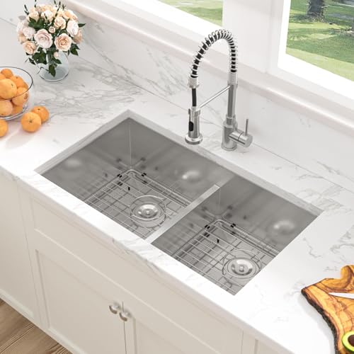 Sarlai 33 Undermount Kitchen Sink Double Bowl - 33x19 Kitchen Sink Low Divide Undermount Stainless Steel 16 Gauge Round Corner Double Bowl 50/50 Sinks Basin