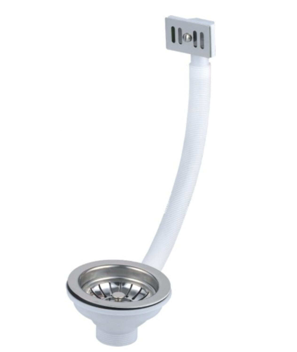 Ara Choice Chrome Kitchen Sink Waste Basket With Overflow Kit - Stainless Steel Sink Strainer And Square Overflow Head With Pvc Pipe (Chrome)