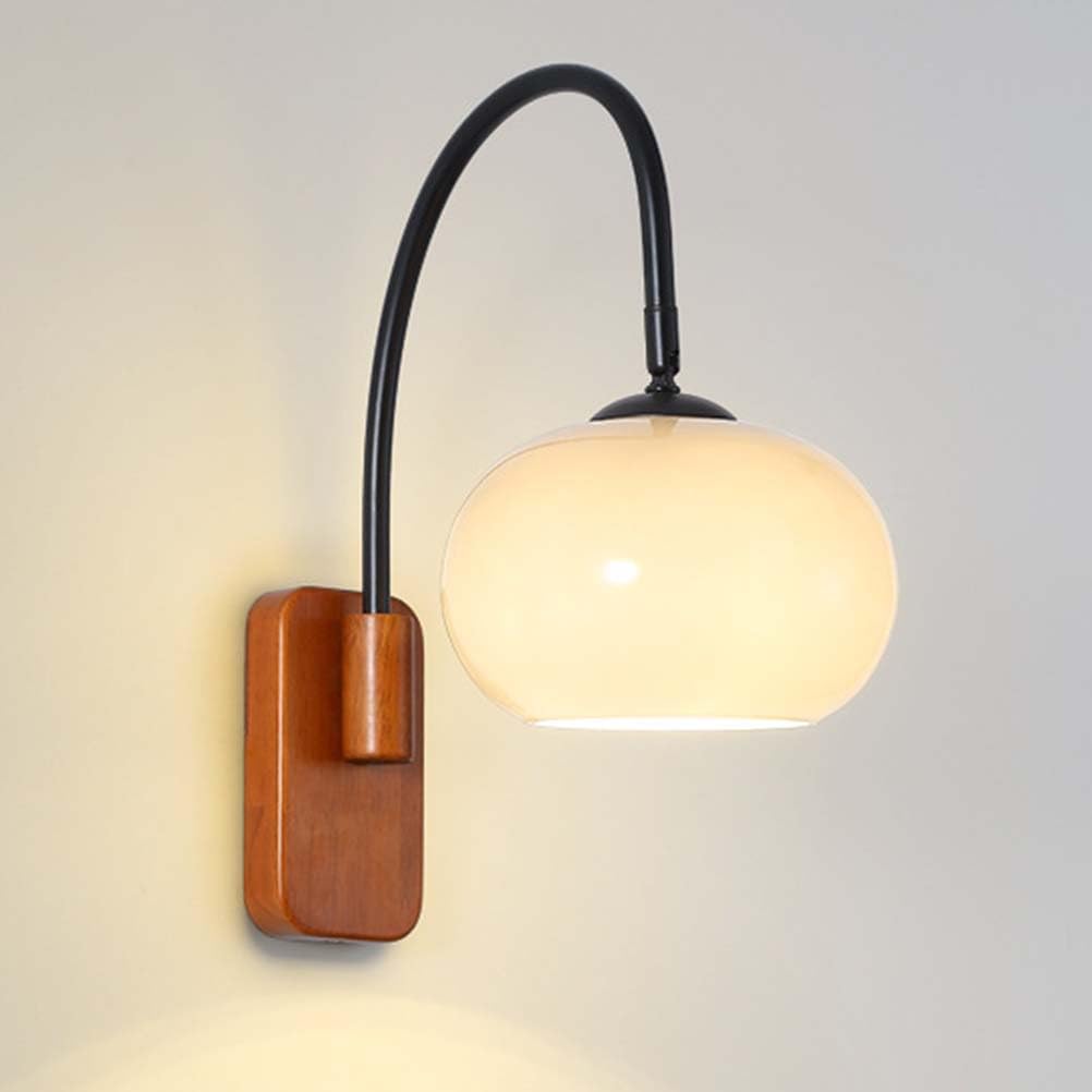 Drewniana lampa ścienna, regulowana, wewnętrzna, retro, ścienna lampa E27, obrotowa, vintage, industrialna lampka nocna z okrągłym szklanym kloszem, lampa ścienna do czytania, do sypialni, salonu, ho