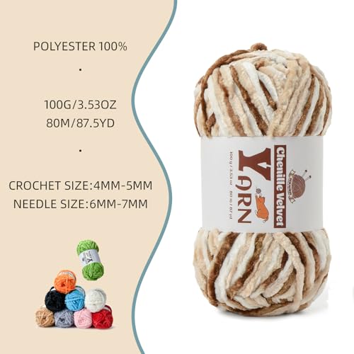 Image of 3 Pack Plush Chenille Chunky Yarn - Fluffy Velvet Yarn Crochet for Blanket Knitting and Crocheting - Soft Baby Yarns for Crocheting - Amigurumi Crochet Yarns 100g (87yds) (3 White Coffee)