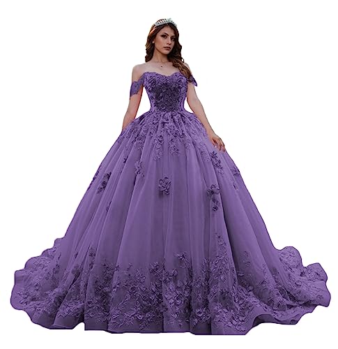 Sweetheart Tulle Quinceanera Dresses for Women Off The Shoulder Ball Gown with Train Lace Beaed Sweet 15 16 Dress