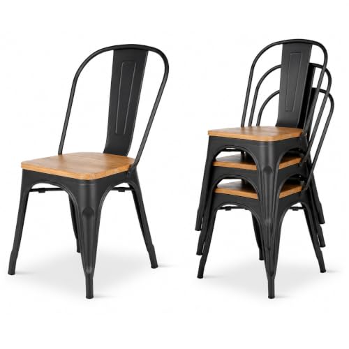 Kosmi - Lot de 4 chaises Style Industriel en métal Noir Mat et Assise en Bois Clair
