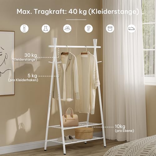 eSituro Kleiderständer Stabil mit Schuhablage Haken Garderobenständer mit Kleiderstange aus Metall Weiß