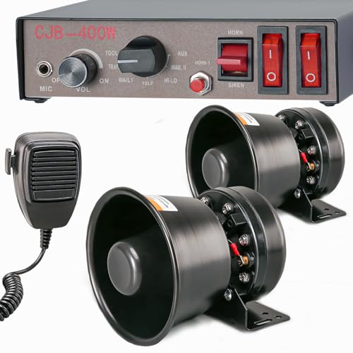 BooYu 12V 400W 9 Tones Police Warning Emergency Siren PA System [Black Steel Speaker][125-135dB][Handheld Microphone][2 x 10A Switches] for Firefighter Ambulance Vehicles Truck SUV ATV UTV