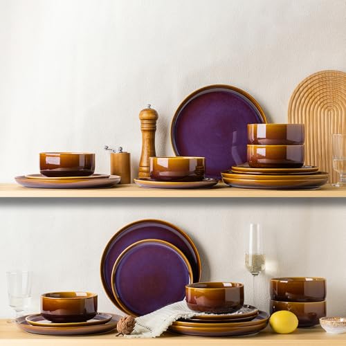 Image of TheTerra Ceramic Dinnerware Sets for 8, 24 Pieces Handmade Reactive Glaze Plates and Bowls Set, Scratch Resistant Dish Set, Oven & Microwave & Dishwasher Safe, Amber Amethyst