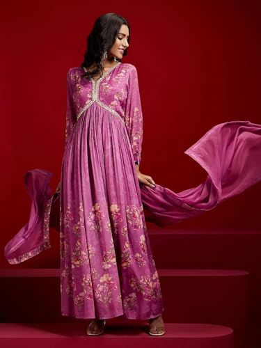Image of KD Georgette Women's Anarkali Floral Printed Kurta Pant Set with Dupatta Kurta Kurti for Women