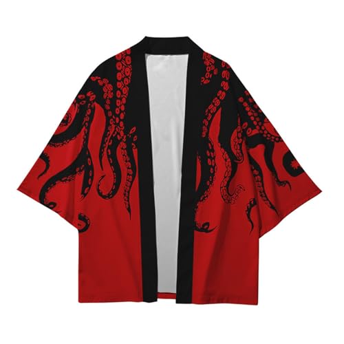 CIZEUR Hombre Camisa Kimono Japones Hippie Top Manga 3/4 Estampado Pulpo, L RD-BK