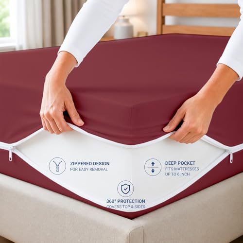 Image of ARLinen Waterproof Mattress Protector Cover Single Size with Zipper - 6 Sided Bed Bug Proof Encasement, Dustproof & Breathable Fabric, Fits 36x78x6 Inch Mattress, Maroon