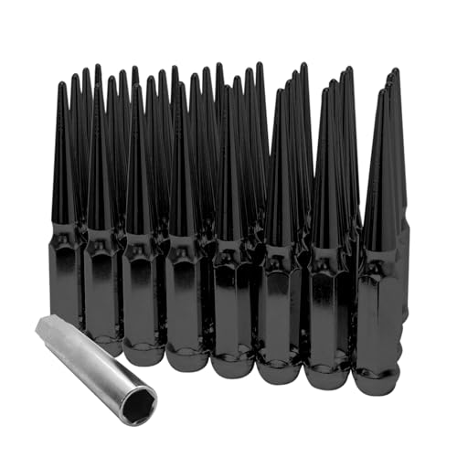 1/2""-20 Spike Lug Nuts 6"" Tall, Set of 32 Black Conical Bulge Seat Lug Nuts Closed End Spiked Lug Nuts with 1 Socket Key for Aftermarket Wheel