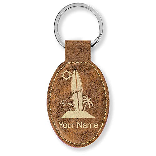 LaserGram Oval Keychain, Surfboard, Personalized Engraving Included (Rustic with Gold)
