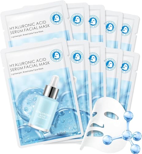 Hyaluronic Acid Serum Face Mask Sheet Hydrating Deep Moisturizing Daily Facial Masks Skincare Hydrating Solution for Dry Skin -All Skin Types (10 Pack)
