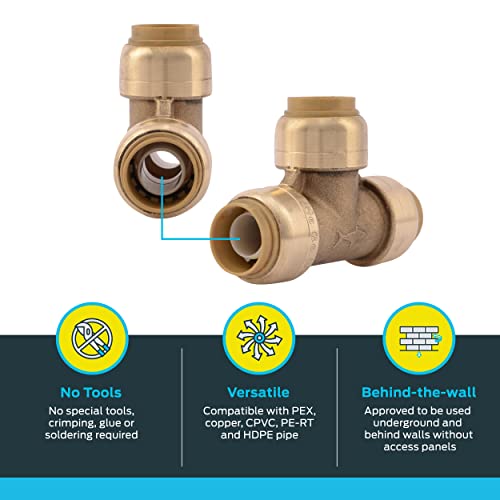 SharkBite 1/2 Inch Tee, Push to Connect Brass Plumbing Fitting, PEX Pipe, Copper, CPVC, PE-RT, HDPE, U362LFA