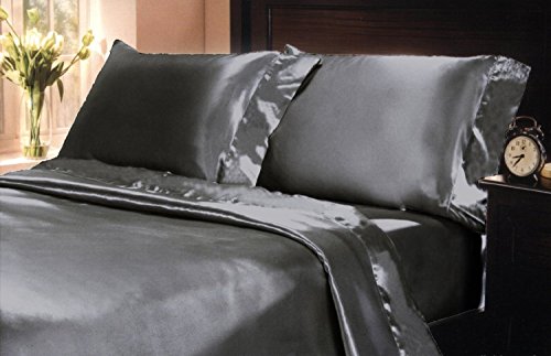 Mk Collection 4Pc Soft Silky Satin Solid Color Deep Pocket Sheet Set (Dark Grey/Charcoal, Queen) #TOP1