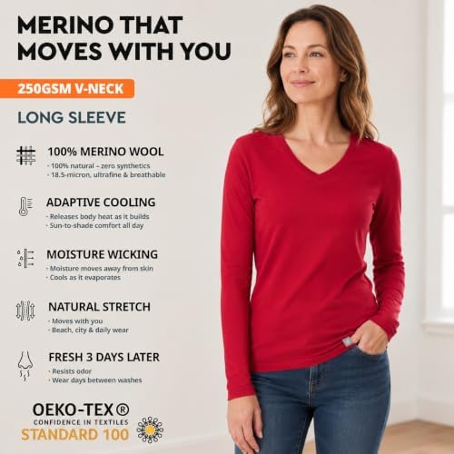 MERINNOVATION Rose Size S - Merino Wool Base Layer Women - 100% Merino Wool V-Neck Tops - 1