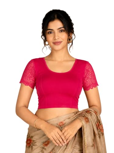 Image of Abhi Cotton Readymade Saree Blouse for Women- Half Net Sleeves, Round Neck, Regular-fit, Stretchable, Pull-on Style Blouse