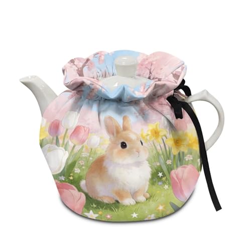 Charming Poceacles Teapot Insulation Cover - Decorative Tea Kettle Cosy with Rabbit and Tulip Design for Kitchen & Easter