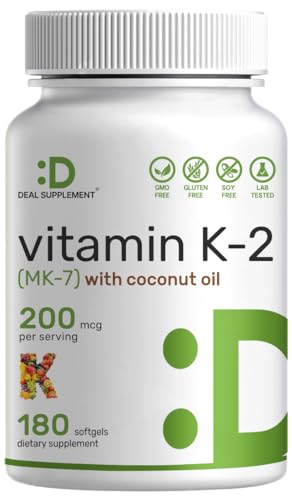 Vitamin K2 MK-7 with Virgin Coconut Oil, 180 Softgels - Vitamin K2 as Menaquinone-7 200 mcg | Advanced Vitamin K Supplement - Promotes Bone Health, Non-GMO, No Gluten