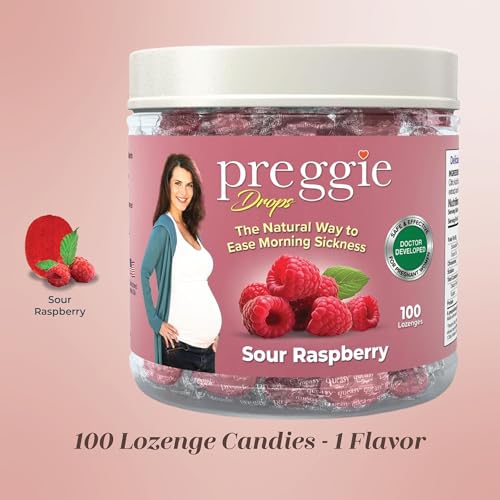 Image of Three Lollies Preggie Drops Plus Pregnancy Nausea Relief Drops with Vitamin B6 and Essential Oils, Morning Sickness and Queasy Stomach Support for Pregnant Women, Sour Raspberry, 100 Count
