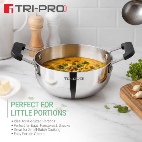 Image of TriPro Triply Mini Cookware Set 3 Pcs Mini Set - 12cm (550ml) Saucepan, 14cm Frypan, 14cm (600ml) Kadai, Compact Kitchen Cooking Set, Bakelite Handle, Healthy Cooking - Induction and Gas Stove Ready