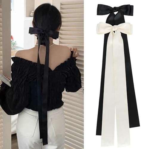 Seidige Satin-Haarschleifen, Haarspange mit langem seidigem Satinband, übergroß, Haarschmuck für Mädchen und Frauen (Schwarz, Weiß)