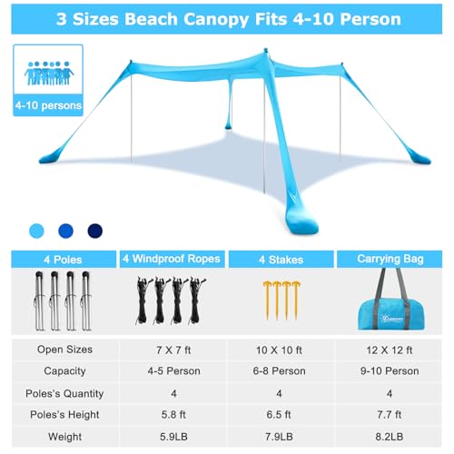 COMMOUDS Beach Tent Sun Shelter - UPF50+ Pop Up Beach Canopy with Sandbags & Sand Shovel & Windproof Poles, Portable Sun - Additional View