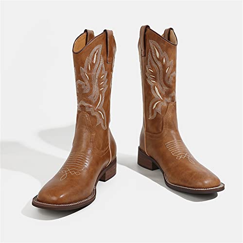 MissHeel Square Toe Cowgirl Boots Embroidered Block Chunky Heel Brown2