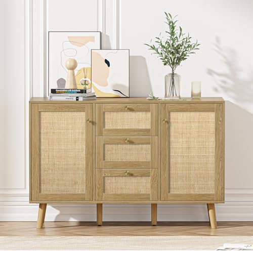 Giluta-Sideboard-Buffet-Cabinet-3-Drawers-Cabinet-with-2-Doors-Boho-Accent-Storage-Cabinet-Living-Room-Cupboard-Console-Table-with-Adjustable-Shelves-for-Kitchen - Urban Country Home Decor Giluta-Sideboard-Buffet-Cabinet-3-Drawers-Cabinet-with-2-Doors-Boho-Accent-Storage-Cabinet-Living-Room-Cupboard-Console-Table-with-Adjustable-Shelves-for-Kitchen