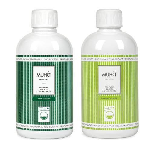Juego de 2 ambientadores concentrados Muhà para la colada de 400 ml – Fragancias intensas – Perfume duradero, formato grande, uso universal en lavadora (Aria di Capri + Power Fitness)
