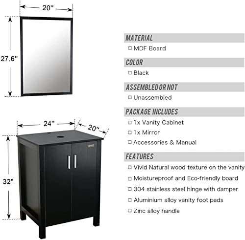 Eclife 24" Bathroom Vanity Combo Modern Mdf Cabinet With Vanity Mirror Brown Round Tempered Glass Counter Top Vessel Sink With 1.5 Gpm Faucet And Pop Up Drain (A09B04) #TOP4