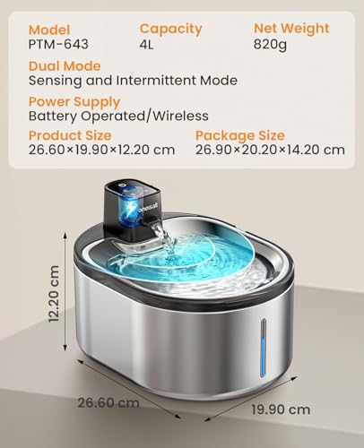 oneisall 4L Trinkbrunnen für Katze Kabellos Edelstahl, Katzenbrunnen Kabellos mit Bewegungsmelder, 60 Tage Betriebszeit pro Ladung, super Leise Pumpe, Filter, Wasserbrunnen für Katzen, Kleiner Hund