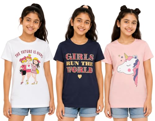 Image of Clotth Theory Girls Super Combed Cotton Regular Fit Round Neck Printed Short Sleeve Tshirt -Combo Pack of 3