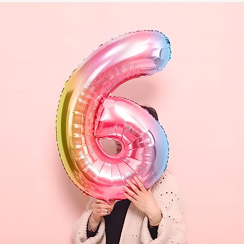Image of 40 Inch Giant Rainbow Number 6 Balloons, Birthday Balloons, Helium Mylar Foil Big Number Balloons for Birthday Party Decorations, Kids' Birthday Anniversary Party Baby Shower Unicorn Parties