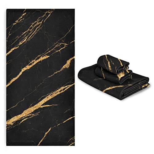 ALAZA Black Marble Gold Fluid Print Towel Bathroom Sets 3 Piece Bath Towel Sets1 Bath Towel 1 Hand Towel 1 Washcloth Soft Luxury Absorbent Decorative Towels for Beach Gym Spa