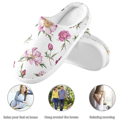 JUNZAN Vintage Peonies White Women Home Cotton Slippers Wide Memory Foam Bedroom Slippers for Spa Christmas Presents 6-73