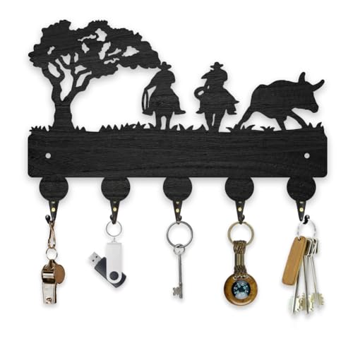 BEUNITONE Llavero de madera de vaquero para colgar en la pared, perchero de madera de árbol de 11.8 x 7.9 pulgadas, colgador de exhibición de toallas montado en la pared con 5 ganchos y tornillos para