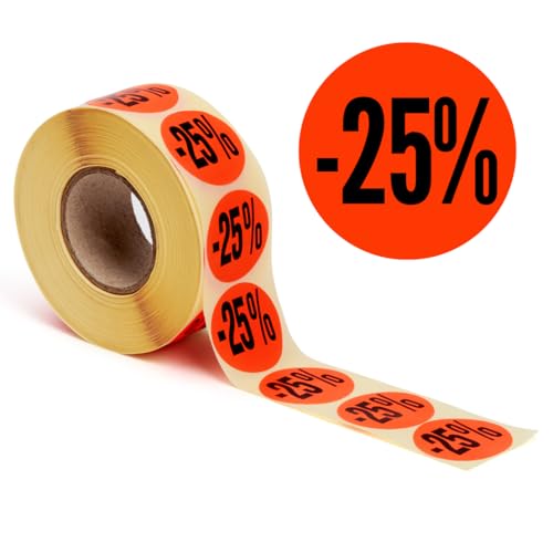 POKORNYS - Etiquetas promocionales «-25%» I Tarjetas para productos rebajados I Set de 1.000 autoadhesivos de descuento en rojo brillante I Pegatinas adhesivas permanentes, redondas con Ø 32mm
