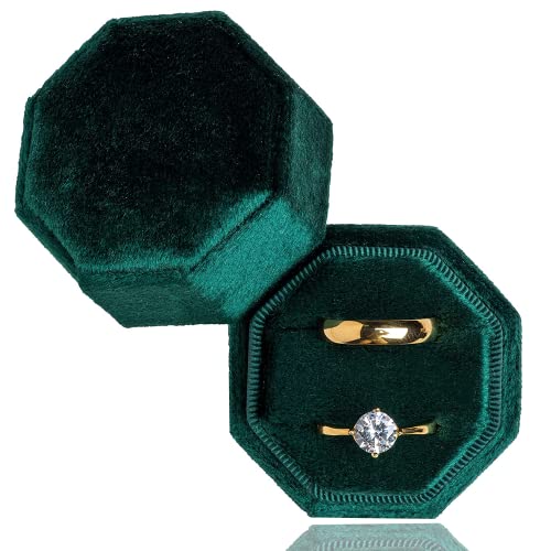 TINGFENG Velvet Ring Box Double Slots Octagon Ring Case Box Vintage Jewellery Case Velvet Ring Gift Box for Wedding Engagement Proposal Birthday Ceremony Holding 2 Rings (Dark green)